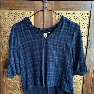 dolan Navy Plaid V-Neck Ruffle Trim Blouse